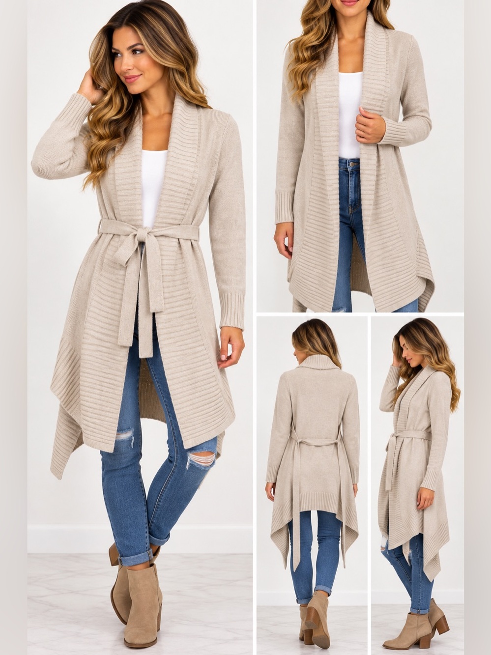 Banana Republic XS Oatmeal Belted Long Cardigan Sweater Waterfall Open Front